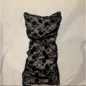 AKIRA Black Floral Lace Ruched Strapless Mini Dress Size L